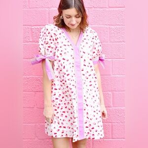 Entro PINK SPOTTED CONTRAST TRIM BOW SLEEVE DRESS